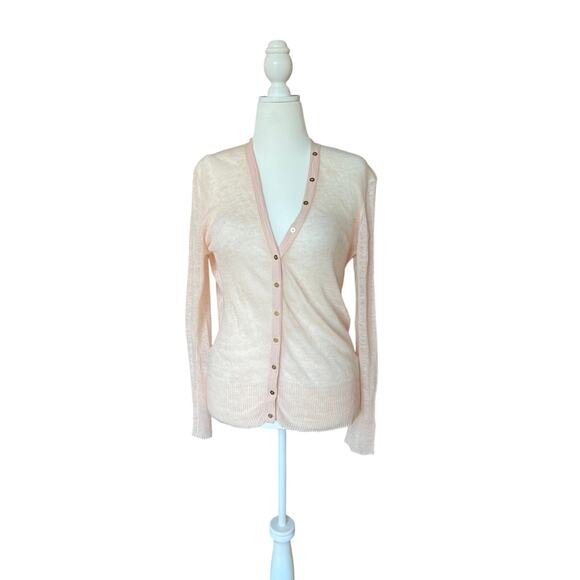 J Crew Sheer Pastel Pink 100% Linen Cardigan Sweater Women's Size M Quiet Luxury - Picture 1 of 8